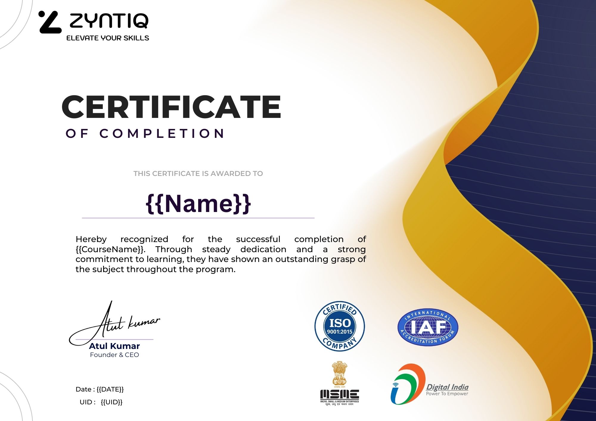 ZYNTIQ Certificate